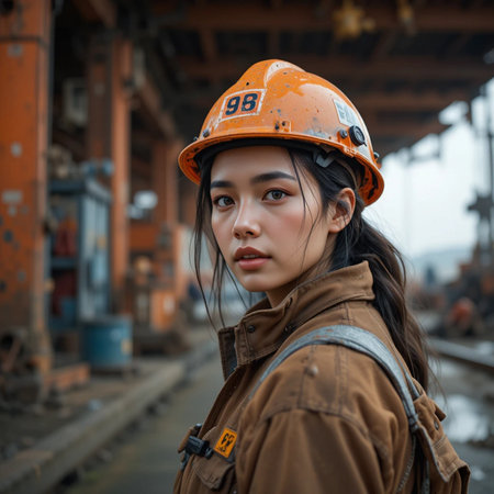 Portrait of Asian female worker wearing safety helmet in industrial area.の素材