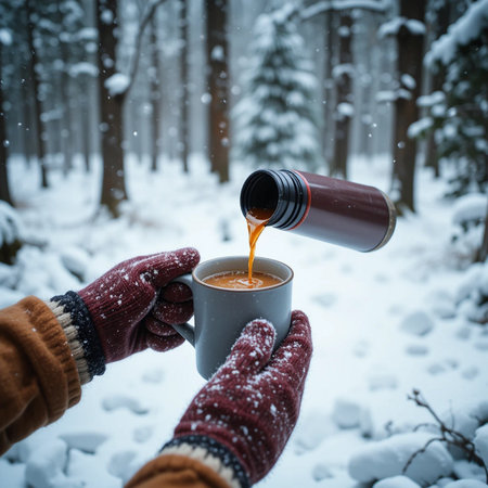 Hands holding a cup of hot tea on a background of a winter forestの素材