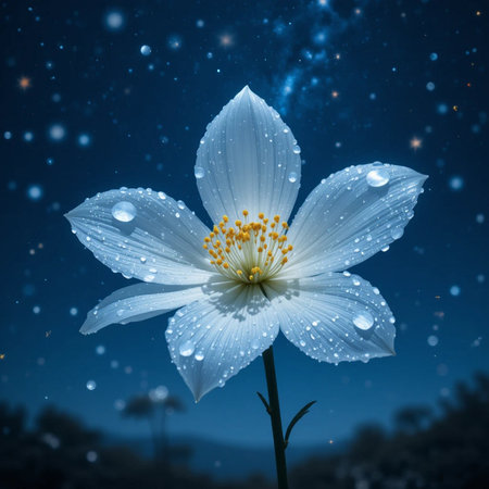 White flower on the background of a night sky with stars and raindropsの素材