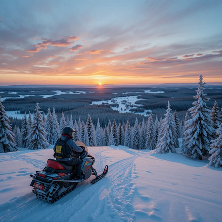 Man on snowmobile in winter forest at sunset. Carpathians, Ukraineの素材