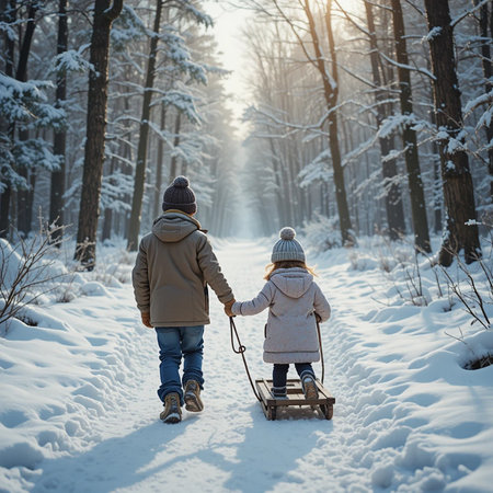 Back view of father and daughter riding a sledge in winter forestの素材