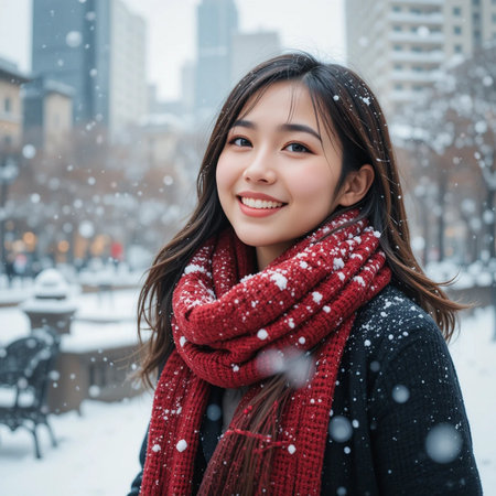 Beautiful asian woman wearing scarf and red scarf with snowfall in the city.の素材