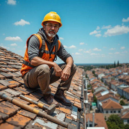 Mature man in a construction helmet and overalls sitting on the roof of an old houseの素材