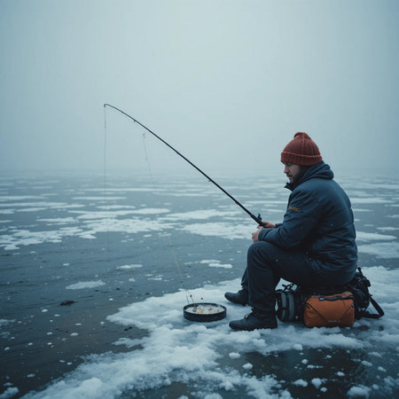 Fisherman sitting on the shore of the frozen lake and fishingの素材