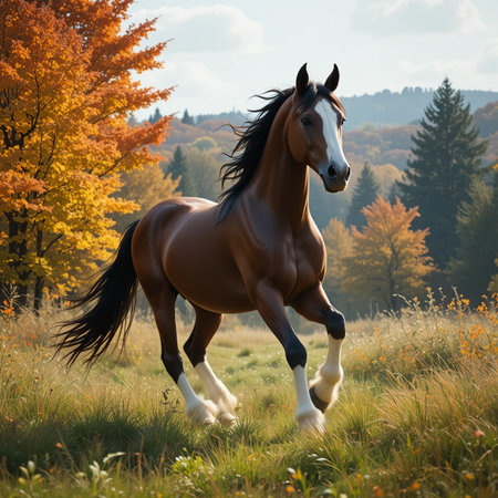 Horse galloping on autumn meadow with colorful trees in backgroundの素材