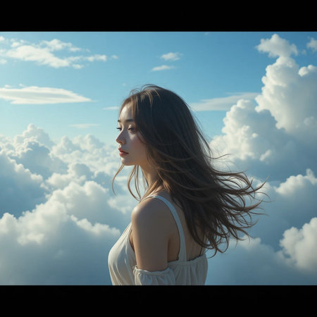 Portrait of a beautiful young woman with long hair in the sky.の素材