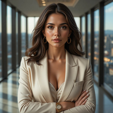 Fashion portrait of a beautiful young brunette woman in a beige jacketの素材