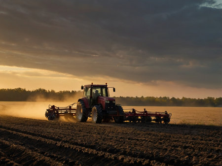 Tractor plowing the field with seedbed cultivator at sunsetの素材