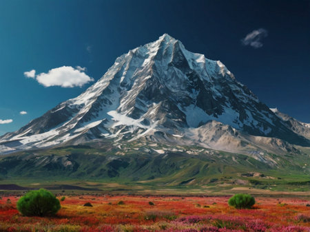 Beautiful mountain landscape with red flowers and blue sky, Kyrgyzstanの素材