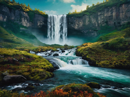 Waterfall in the mountains of Iceland. Digital painting on canvas.の素材
