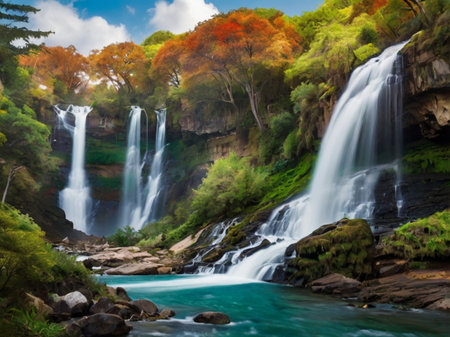 Waterfall in the autumn forest. The concept of active and ecological tourismの素材