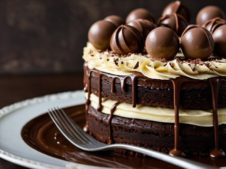 Chocolate cake with cream and chocolate balls on a dark background.の素材