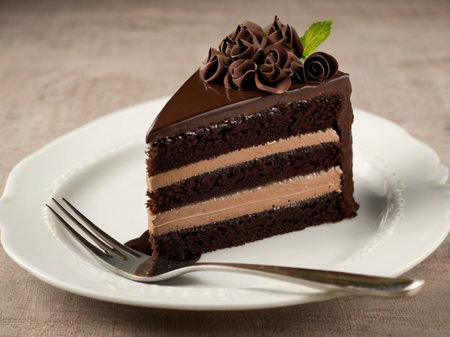 Chocolate cake with chocolate glaze on a white plate. Selective focusの素材