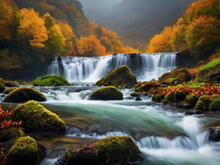 Autumn forest waterfall in the mountains. Beautiful nature landscape with autumn forest and waterfall.の素材