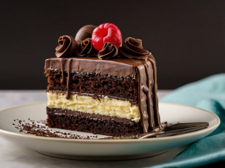 Chocolate cake with cream and cherries on a white plate.の素材