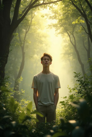 Young man standing in a forest with sun rays coming through the treesの素材