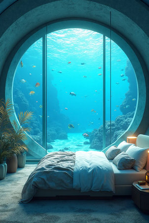 Interior of a bedroom with a large window overlooking the sea. 3D renderingの素材