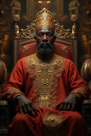 Portrait of a man with a beard and mustache in a red suit sitting in a chair in a royal palaceの素材