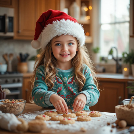 Cute little girl in santa hat making cookies in the kitchenの素材