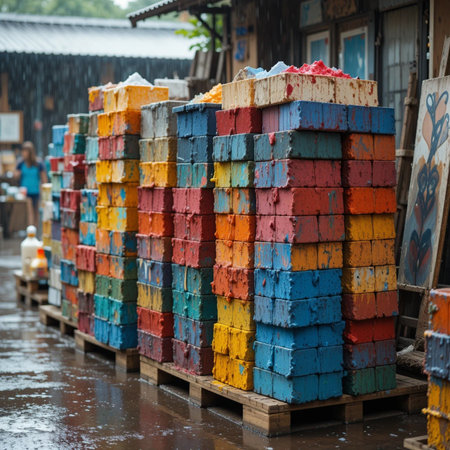 Colorful wooden pallets at the market in Bangkok, Thailand.の素材