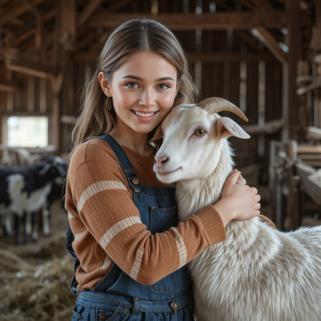Portrait of a beautiful young woman with a goat in the barnの素材