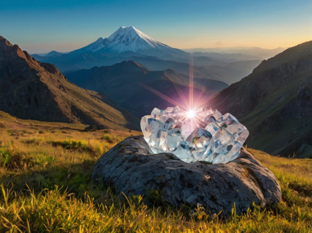 Ice cube in the mountains at sunset, Kyrgyzstan.の素材