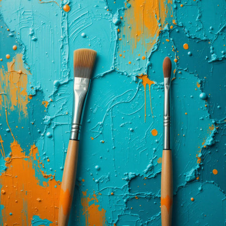 Paintbrushes on blue background with paint splashes, top viewの素材