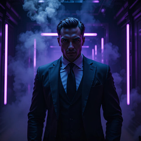 Portrait of a handsome Asian man in a black suit against the background of neon lightsの素材