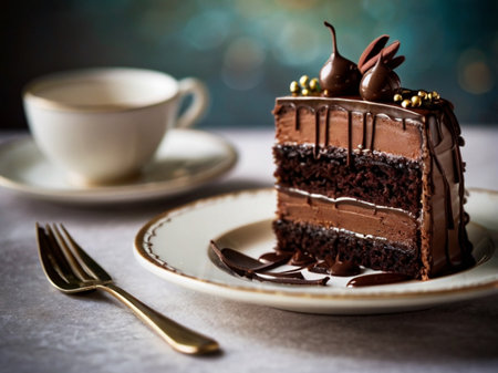 Piece of chocolate cake on a plate with a cup of coffeeの素材