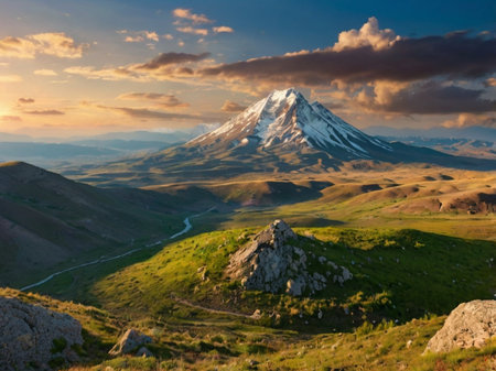 Landscape of Mount Ararat at sunset, Kyrgyzstanの素材