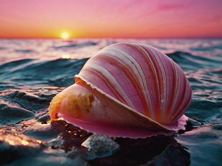 Beautiful seashell on the background of the sea and sunset.の素材