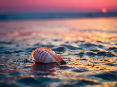 Beautiful sea shell on the background of the sea and sunset.の素材