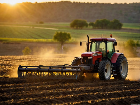 Farmer in tractor preparing land with seedbed cultivator at sunsetの素材