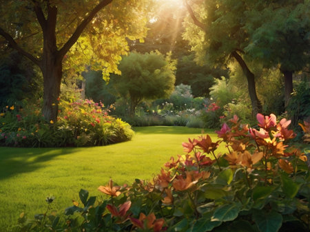 Beautiful garden in the morning light. Beautiful landscaped park.の素材