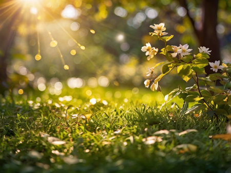 Blossoming branch of jasmine in the rays of the setting sunの素材