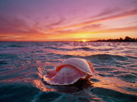 Seashell in the water at sunset. Beautiful summer background.の素材