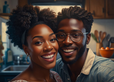 Happy african american couple looking at camera and smiling while standing in kitchen at homeの素材