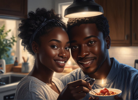 Portrait of happy African American couple looking at camera while having breakfast at homeの素材
