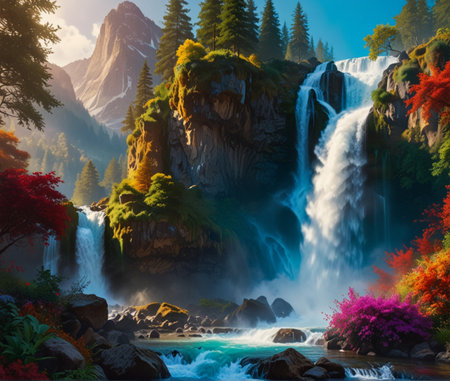 Waterfall in the autumn forest. Colorful autumn landscape with a waterfall.の素材