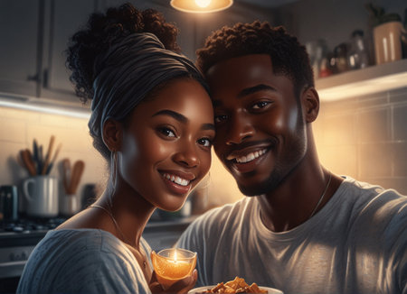 Portrait of a young African American couple in the kitchen at home.の素材