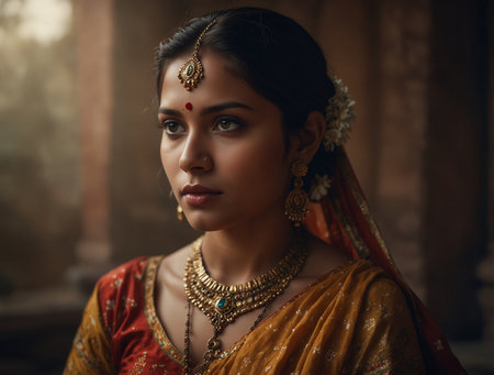 Portrait of a beautiful Indian woman in traditional clothing. Beauty, fashion.の素材