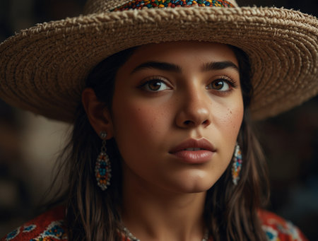 Portrait of a beautiful girl in a straw hat. Close-up.の素材