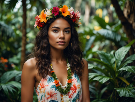 Portrait of a beautiful young woman with tropical flowers in her hairの素材