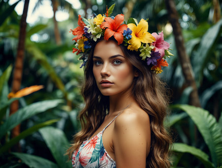 Beautiful young woman in a wreath of flowers on her headの素材