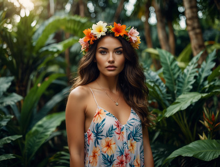 Beautiful young woman with wreath of flowers in the garden.の素材