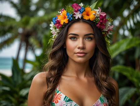 Portrait of beautiful young woman in floral wreath on the beachの素材