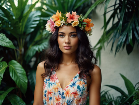 Portrait of a beautiful young brunette woman with flowers in her hair.の素材