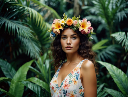 Beautiful young woman with wreath of flowers on her head.の素材