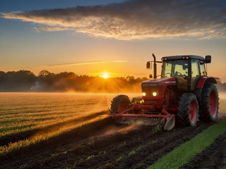 Tractor plowing the field at sunset with a sprayer.の素材