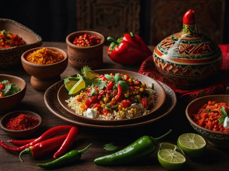 Traditional Mexican chili con carne served in clay bowls on wooden tableの素材
